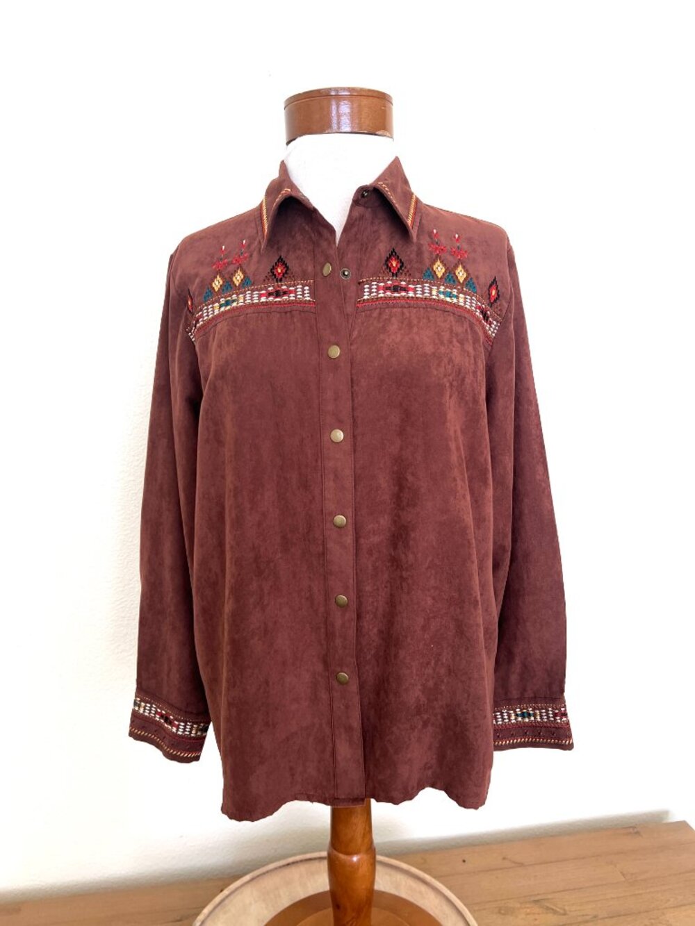 Retro Southwestern Faux Suede Embroidered Sleeve Shirt - Petite Medium